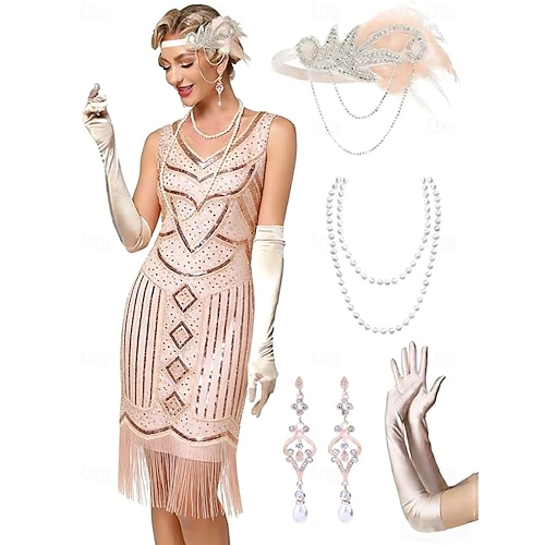 Set Roaring 20s 1920s Cocktail Dress Knee Length Dress Flapper Dress Outfits with Accessories Cold Shoulder Short Sleeves The Great Gatsby Charleston Sequins Tassel Fringe Feather V Neck Fancy Dress 2026 - 59.99 Set Roaring 20s 1920s Cocktail Dress Knee Length Dress Flapper Dress Outfits with Accessories Cold Shoulder Short Sleeves The Great Gatsby Charleston Sequins Tassel Fringe Feather V Neck Fancy Dress 2026 - 59.99