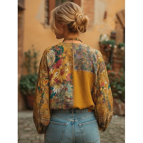  Womens חולצת בוהו בולנסה עם גרפיקה פרחונית ווינטג' אופנתית מידה ארוכה צורת V טופים צהוב ורוד כחול כהה קיץ אביב