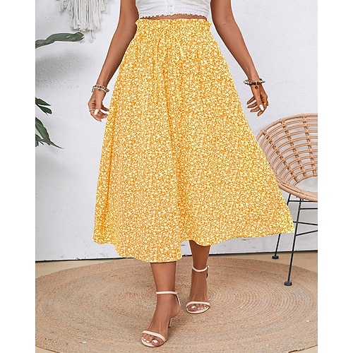  Damskie Moda Codzienny Midi Średni stan Spódnice Kwiatowy Z marszczeniami Ściągana na sznurek Średnio elastyczny Codzienny Ulica Żółty Czerwony Zielony Lato Spandeks Poliester