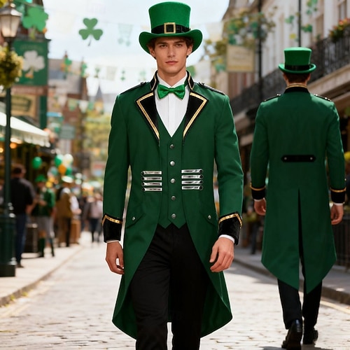  St. Patrick 2026 Leprechaun Irish Carnival Fancy Costume Tailcoat Medieval Adults' Men's Carnival Saint Patrick's Day Party Easy Carnival Costume Dress Up