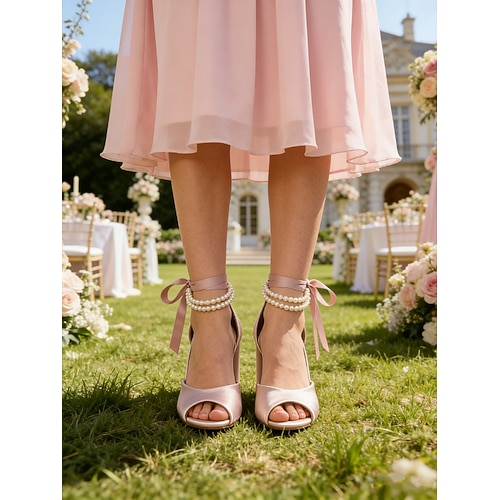 Blush Pink Bridesmaid Block Heel Sandals Satin Open Toe Wedding Heels, Pearl Ankle Strap Bow Tie Chunky High Heel Dress Shoes for Bridal Party, Blush Pink Bridesmaid Block Heel Sandals Satin Open Toe Wedding Heels, Pearl Ankle Strap Bow Tie Chunky High Heel Dress Shoes for Bridal Party,