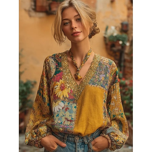  Womens חולצת בוהו בולנסה עם גרפיקה פרחונית ווינטג' אופנתית מידה ארוכה צורת V טופים צהוב ורוד כחול כהה קיץ אביב