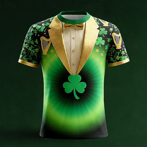  St Patricks Day Costume Mens Irish Festival Party Tee Funny Shamrock Harp Tuxedo Graphic Short Sleeve Print Shirt Clothing Apparel S M L XL XXL XXXL