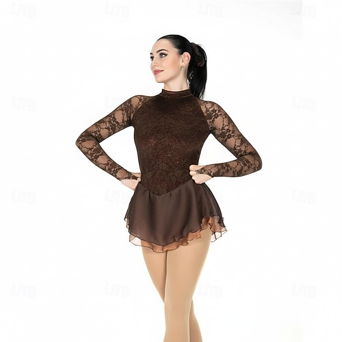brown figure skating dress Figure Skating Dress Women's Ice Skating Dress Brown Patchwork High  Elasticity Training Competition Skating Wear Classic Crystal / Rhinestone  Long Sleeve Ice Skating Figure Skating 2026