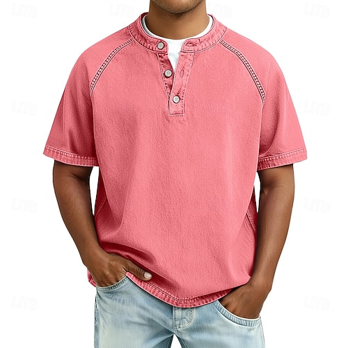  Men's T Shirt Henley Shirt 100% Cotton Acid Wash Shirt Tee Top Short Sleeve Plain Vintage Streetwear Casual Washed Raglan Sleeves Stand Collar Henley Casual Home Street Spring Fall Fall & Winter