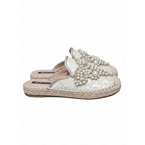 Women's Ivory Pearl Embellished Flat Wedding Shoes, Elegant Bridal Slip-On  Flats for Bride Beach Wedding 2026 - $46.99