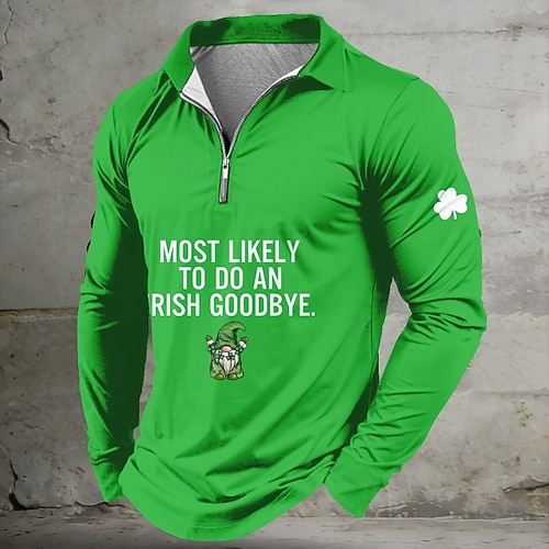  St Patrick's Day Men's Shamrock Leprechaun Zip Polo Shirts Long Sleeve Polo Shirts Lapel Casual Outdoor Festival Outfit 3D Print Spring Fall Black Light Green Dark Green