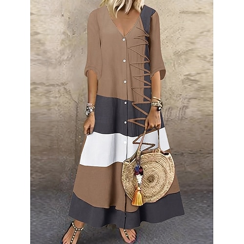 vestido longo feminino com decote em v e bloco de cores, manga curta, verão