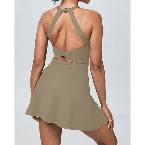 backless athletic dress Womens Backless Tennis Dress with Built in Shorts Pocket Workout Sleeveless Cutout Golf Sport Going Out Athletic Mini Tank Dresses