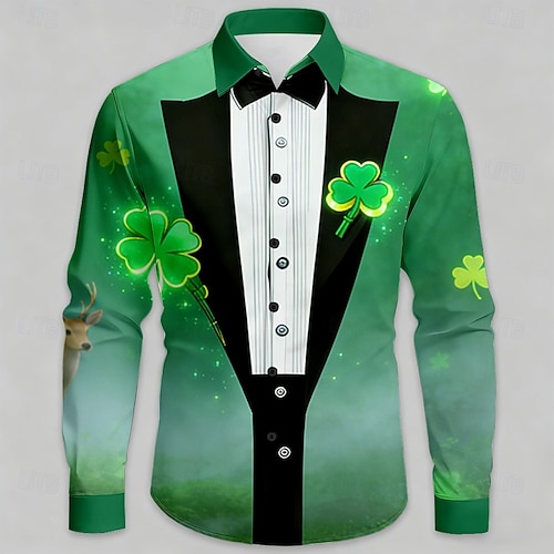  St. Patrick's Day Men's Shamrock Faux Collar and Suit Design Celtic Art Shirt Button Up Shirt Long Sleeve Vintage Retro Party Holiday Spring Fall Turndown 3D Print Collared Shirts Green 1# Light