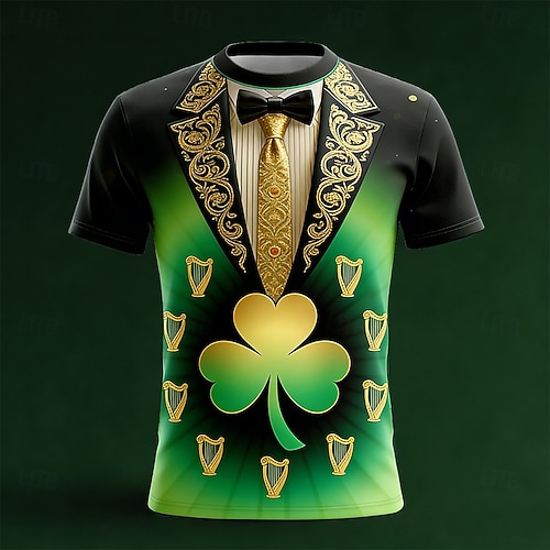  St Patricks Day Costume Mens Irish Festival Party Tee Funny Shamrock Harp Tuxedo Graphic Short Sleeve Print Shirt Clothing Apparel S M L XL XXL XXXL