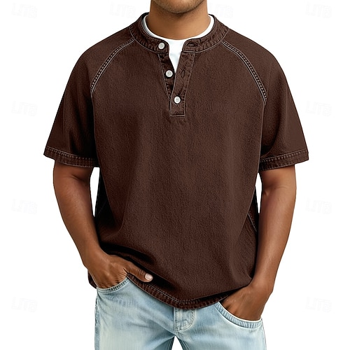  Men's T Shirt Henley Shirt 100% Cotton Acid Wash Shirt Tee Top Short Sleeve Plain Vintage Streetwear Casual Washed Raglan Sleeves Stand Collar Henley Casual Home Street Spring Fall Fall & Winter
