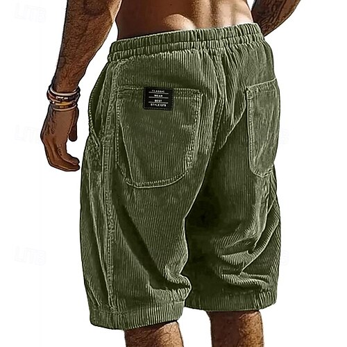  Men's Shorts Casual Shorts Corduroy Shorts Pocket Elastic Waist Plain Breathable Knee Length Outdoor Vacation Daily Wear Vacation Fashion Black White Micro-elastic