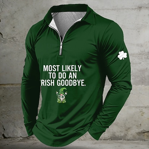  St Patrick's Day Men's Shamrock Leprechaun Zip Polo Shirts Long Sleeve Polo Shirts Lapel Casual Outdoor Festival Outfit 3D Print Spring Fall Black Light Green Dark Green