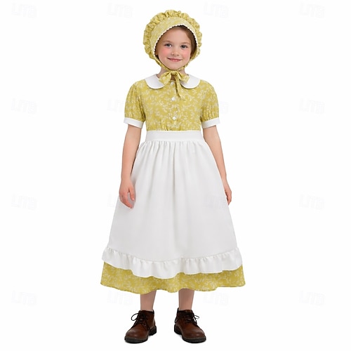 250th Anniversary USA 19th Century 1800s Prairie Dress Bonnet and Apron Set Short Sleeves Pioneer Girl Colonial Pioneer Revolutionary War Costumes