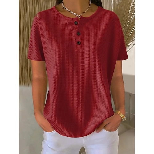  Women's Tunic Plain Stylish Classic Casual Short Sleeve Crew Neck Regular Tops Daily Buttons Black White Yellow Red Orange Summer Spring