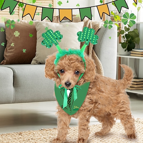  St. Patrick's Day Dog Costume - Green Shamrock Headband and Buffalo Plaid Pet