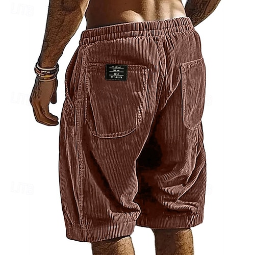  Men's Shorts Casual Shorts Corduroy Shorts Pocket Elastic Waist Plain Breathable Knee Length Outdoor Vacation Daily Wear Vacation Fashion Black White Micro-elastic