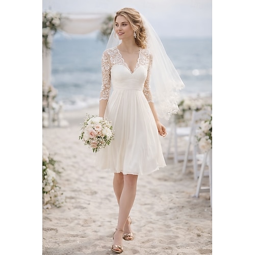 Ligne A Mi-long Robes de mariée Robes pour enterrement de vie de jeune fille robe de mariée Dos Nu Petites Robes Blanches Manche 3/4 Col en V Remise des Diplômes Anniversaire Chiffon Dentelle avec