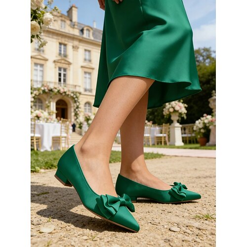 Green Bridesmaid Flats for Women  Pointed Toe Satin Wedding Shoes with Bow  Detail, Elegant Low Heel Shoes for Bridal Party 2026 - $59.99
