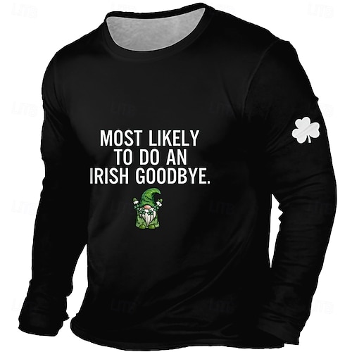  St Patricks Day Most Likely To Do An Irish Goodbye Long Sleeve T Shirt Men Green Gnome Shamrock Sleeve Print Top Clothing Apparel S M L XL XXL XXXL