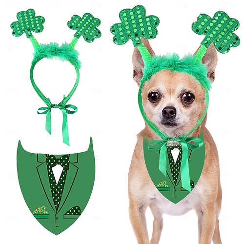  St. Patrick's Day Dog Costume - Green Shamrock Headband and Buffalo Plaid Pet