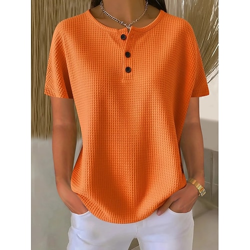  Women's Tunic Plain Stylish Classic Casual Short Sleeve Crew Neck Regular Tops Daily Buttons Black White Yellow Red Orange Summer Spring