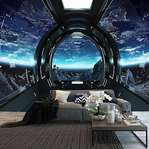 2026年 3D宇宙船内壁画、SF宇宙船コックピット壁アート、宇宙から見た