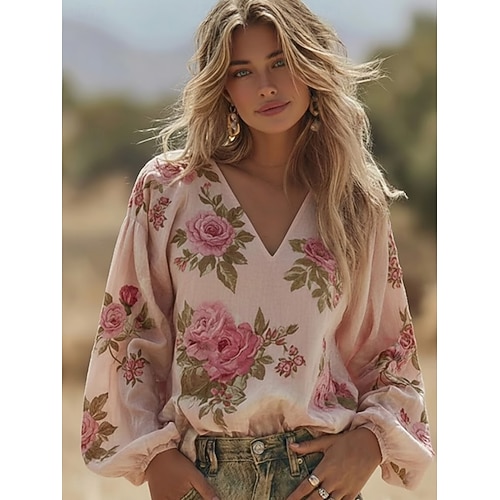 Womens חולצת בוהו בולנסה עם גרפיקה פרחונית ווינטג' אופנתית מידה ארוכה צורת V טופים צהוב ורוד כחול כהה קיץ אביב