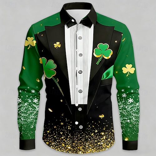  St. Patrick's Day Men's Four Leaf Clover Shamrock Faux Collar and Suit Design Shirt Button Up Shirt Long Sleeve Vintage Retro Party Holiday Spring Fall Turndown 3D Print Collared Shirts Green 1# Green