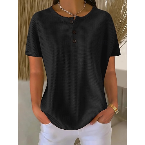  Women's Tunic Plain Stylish Classic Casual Short Sleeve Crew Neck Regular Tops Daily Buttons Black White Yellow Red Orange Summer Spring