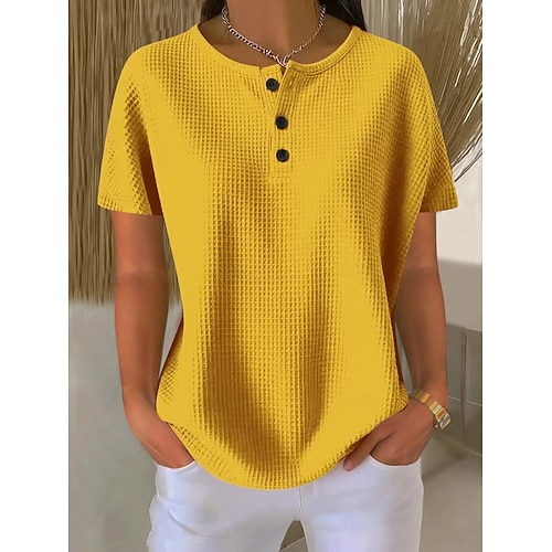  Women's Tunic Plain Stylish Classic Casual Short Sleeve Crew Neck Regular Tops Daily Buttons Black White Yellow Red Orange Summer Spring
