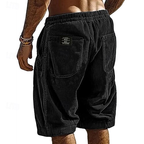  Men's Shorts Casual Shorts Corduroy Shorts Pocket Elastic Waist Plain Breathable Knee Length Outdoor Vacation Daily Wear Vacation Fashion Black White Micro-elastic