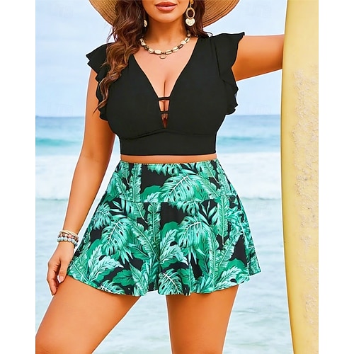 Women's Swim Dress 2 Pieces Swimsuits Tropical Ultra Light (UL) Tummy Control Elastic Short Sleeve Swimwear Surfing Snorkeling Summer