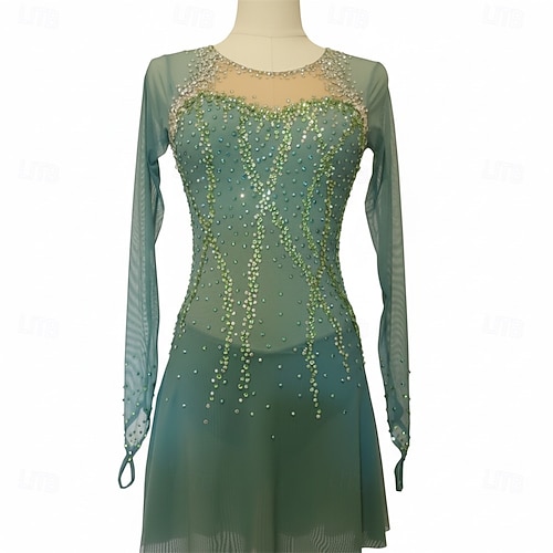 green figure skating dress Solitaire Classic High Neck A slanted Figure Skating Dress Women's Girls'