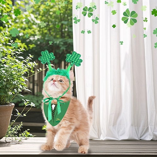  St. Patrick's Day Dog Costume - Green Shamrock Headband and Buffalo Plaid Pet