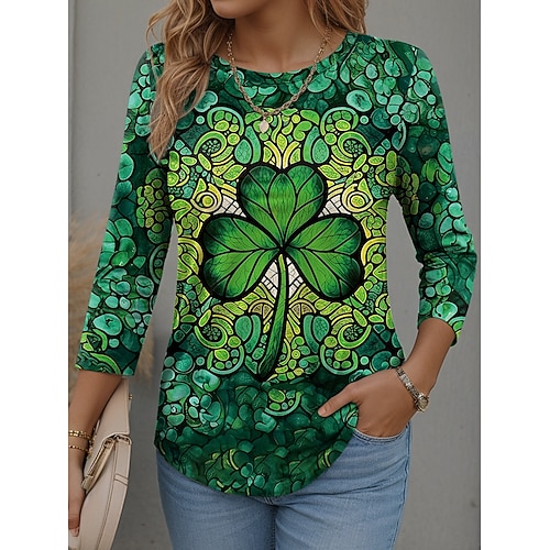  St. Patrick's Day Women's T Shirt Graphic Shamrock Fashion Stylish Modern Long Sleeve Crew Neck Regular Tops Daily Weekend Print White Green Spring Winter