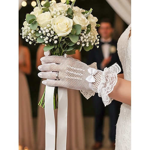 Gants en résille de polyester pour femmes, gants de mariée extensibles et respirants noirs et blancs, élégants gants de soirée vintage transparents pour mariages, bals de fin d'année, soirées et occasions formelles
