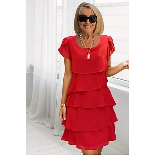  Dámské Mini šaty Koktejlky Šaty pro svatební hosty Šifonové šaty Stupňovité šaty Elegantní Večerní oslava Rande Jdeme ven Běžný Čistá barva Krátký rukáv Tričkový Světlá růžová Fialová Rubínově červená