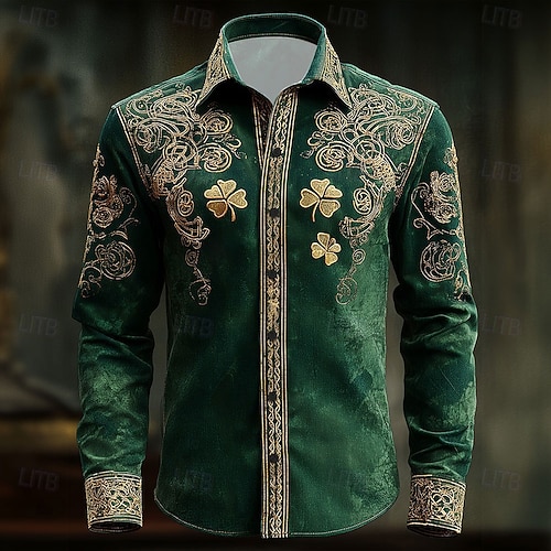 St. Patrick's Day Men's Four Leaf Clover Shamrock Celtic Art Shirt Button Up Shirt Long Sleeve Vintage Retro Holiday Spring Fall Turndown 3D Print Linen Like Shirt Green 2026
