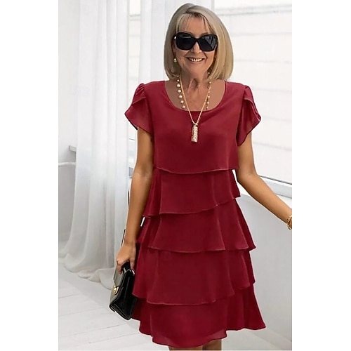  Dámské Mini šaty Koktejlky Šaty pro svatební hosty Šifonové šaty Stupňovité šaty Elegantní Večerní oslava Rande Jdeme ven Běžný Čistá barva Krátký rukáv Tričkový Světlá růžová Fialová Rubínově červená