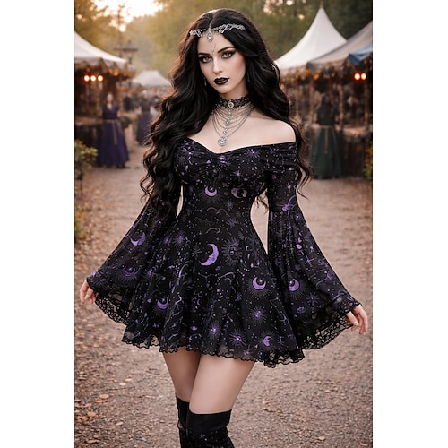 long sleeve steampunk dress Steampunk Daily Versatile White Jacquard Cotton Fabric Lace Vintage Round Neck Long Sleeve High Waisted Dress
