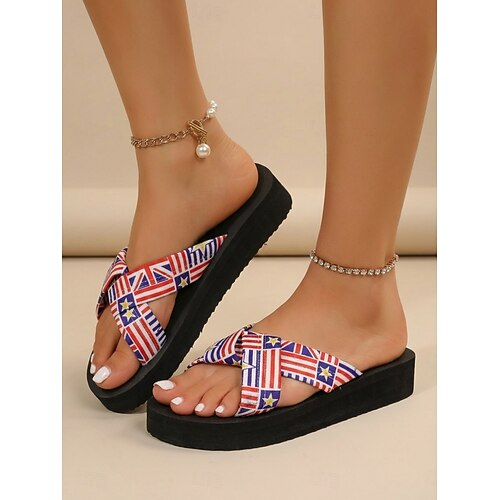  naisten isänmaalliset lippukuvioiset sandaalit - rennot matalat sandaalit kesän rannalle, lomajuhliin, 250-vuotisjuhliin ja rentoon katutyyliin