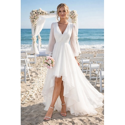 Matrimonio sulla spiaggia addio al nubilato piccolo abito bianco abiti per addio al nubilato abiti da matrimonio A-Line scollo a V manica lunga asimmetrico chiffon abiti da sposa con colore solido