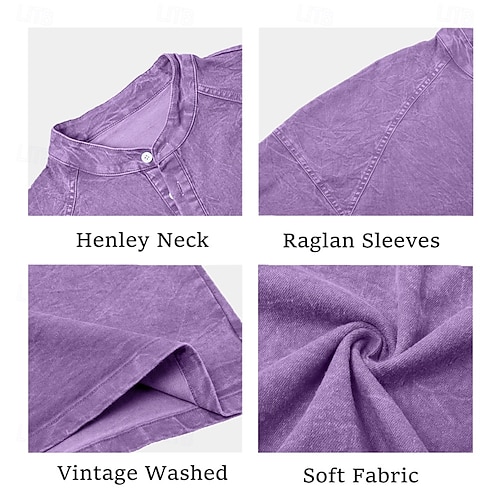  Men's T Shirt Henley Shirt 100% Cotton Acid Wash Shirt Tee Top Short Sleeve Plain Vintage Streetwear Casual Washed Raglan Sleeves Stand Collar Henley Casual Home Street Spring Fall Fall & Winter