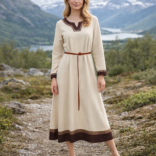 renaissance midi dress Retro Vintage Medieval Renaissance Midi Dress Waist Belt Long Sleeves  Viking V Neck Fancy Dress Women's Halloween Carnival Renaissance Fair LARP  Retro