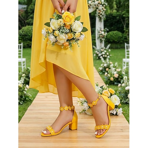 Women's Yellow Floral Block Heel Sandals Elegant Bridesmaid Shoes for Garden Weddings 2026 - $39.99 Women's Yellow Floral Block Heel Sandals Elegant Bridesmaid Shoes for Garden Weddings 2026 - $39.99