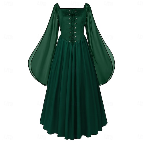 Retro Vintage Medieval Renaissance Floor Length Dress Long Sleeves Witch Elf Fancy Dress Women's Halloween Carnival Masquerade Renaissance Fair Retro Theme Party Adults Dress 2026