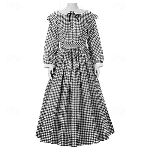 retro theme dress black and white 1950s Halloween Striped Hollow Collar Dress