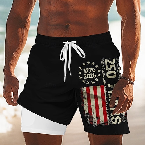  Férfi Amerikai zászló 1776 Az Egyesült Államok 250. évfordulója Bélelt rövidnadrág 2 az 1-ben úszónadrág Úszónadrágok Közepes csípő Hazafias Szabadság Oldalzsebek Compression Linerrel Elasztikus